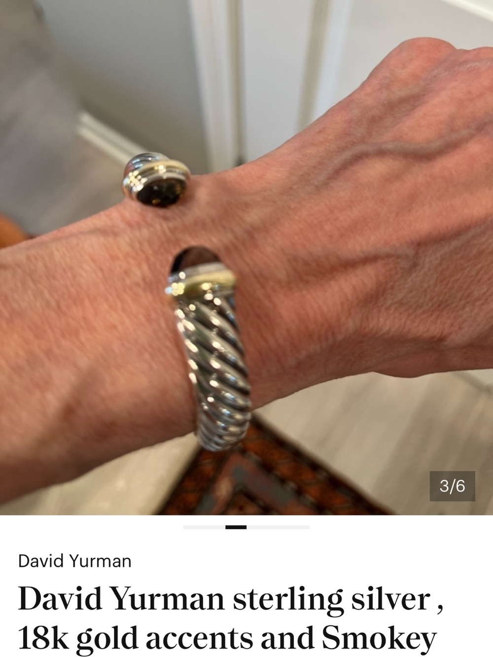 David Yurman Sterling Silver & 18k Gold Cable Cuff Bracelet with Smoky Quartz - Picture 6 of 6